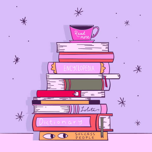 большая стопка книг разных размеров с кружкой кофе, стоящей сверху